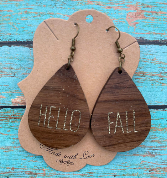 Hello Fall Wooden Teardrop Earrings