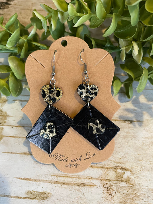 Cheetah and Black Love Letter Earrings