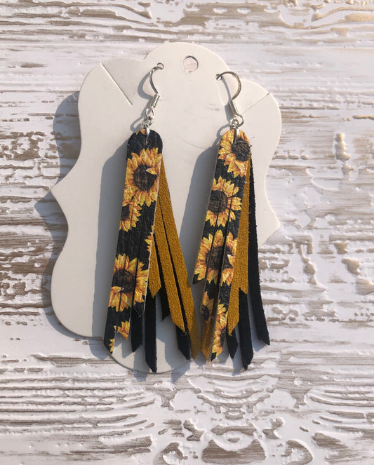 2.75” Fringe Triple Layer Earrings in a Sunflower Pattern