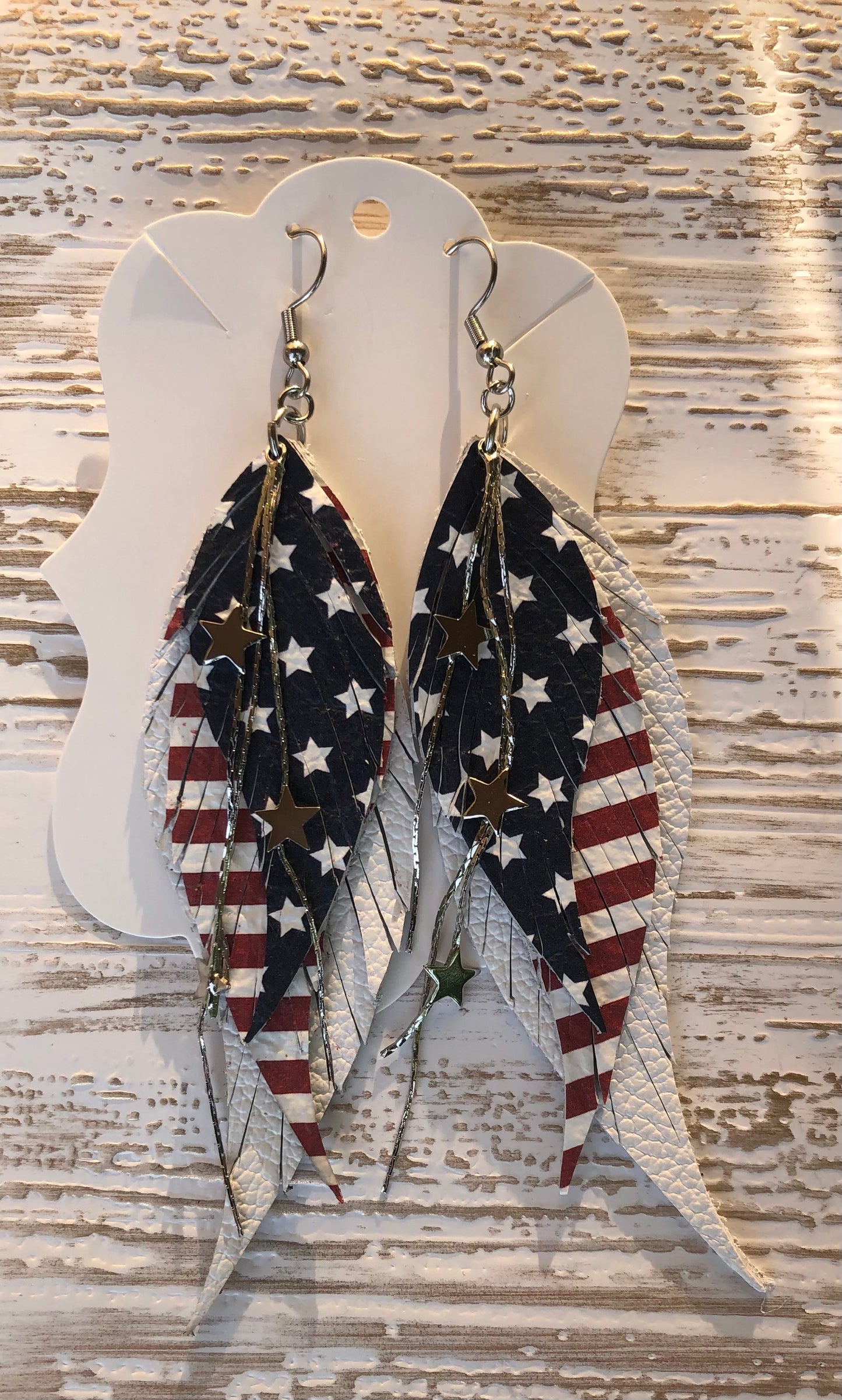 4” Stars and Stripes Patriotic  Feather and Star Earrings