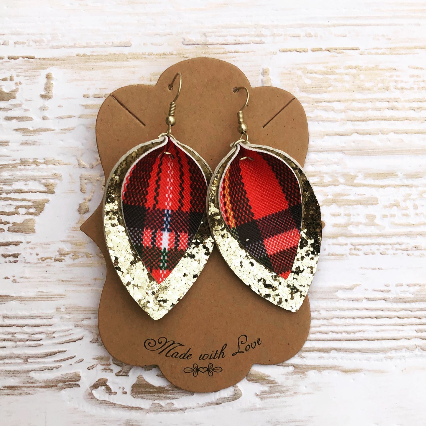 Double Layer Red Plaid and Gold Glitter Leaf Faux Leather Earrings