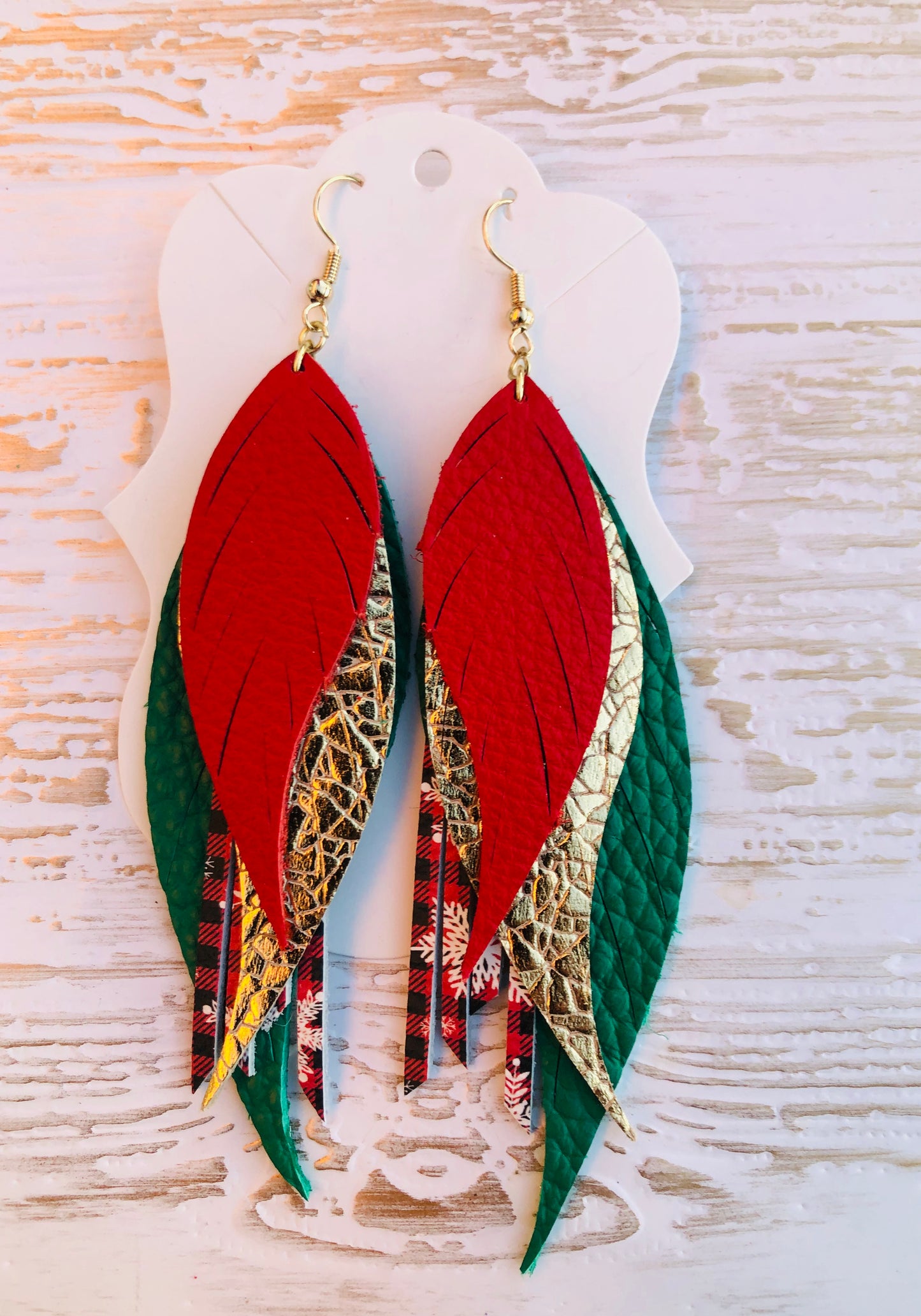 Four Layer Genuine Leather Christmas Feather Fringe Earrings