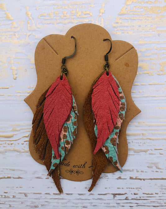 Genuine Leather Peachy Triple Feather  and Leopard Fringe Earrings