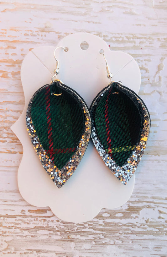 Double Layer Blue Plaid and Gold Leaf Faux Leather Earrings