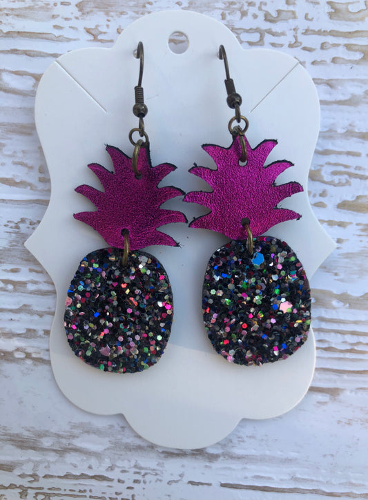 Hot Pink Multi-Color Glitter Pineapple Earrings