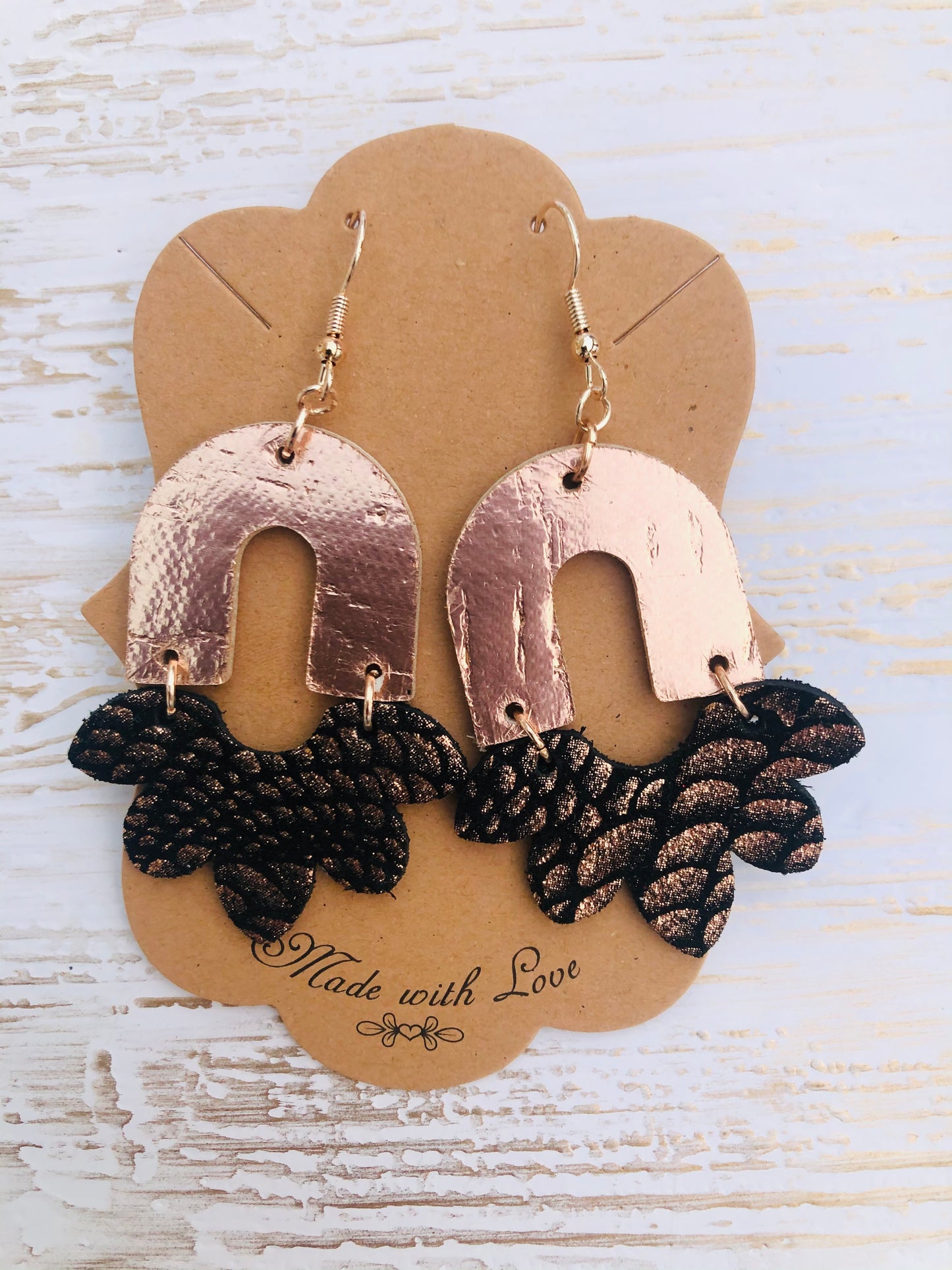 Rose Gold and Dragon Scale Stella Genuine Leather and Cork Earrings