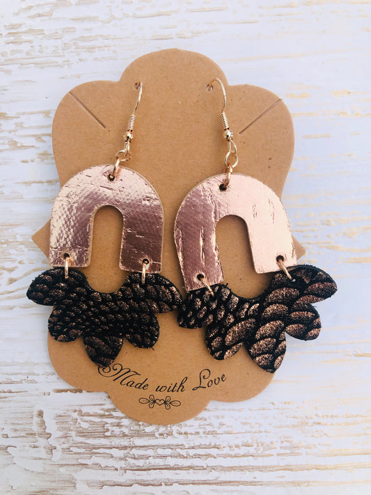 Rose Gold and Dragon Scale Stella Genuine Leather and Cork Earrings