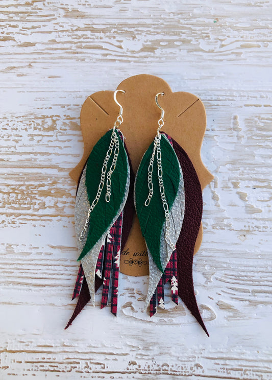 4” Genuine Leather  Four Layer Holiday Feather Earrings