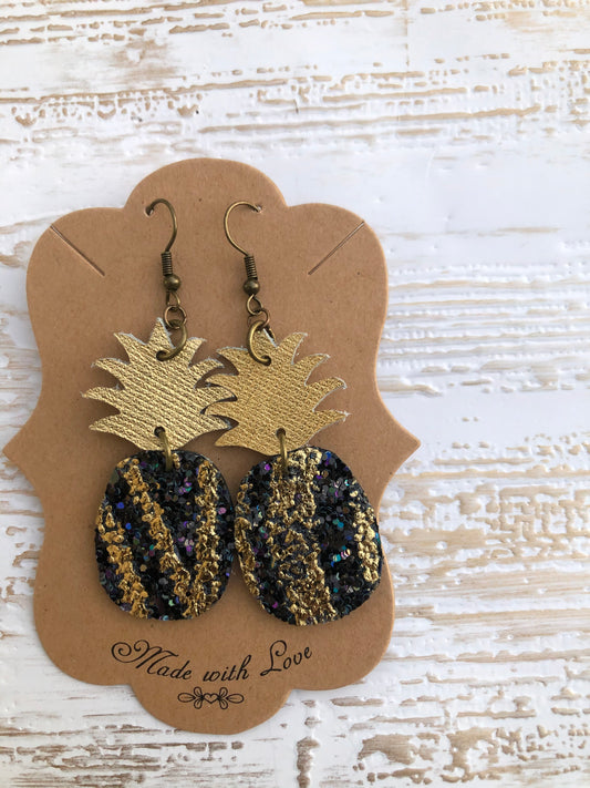 Gold and Black Zebra Sparkle Pineapple Earrings