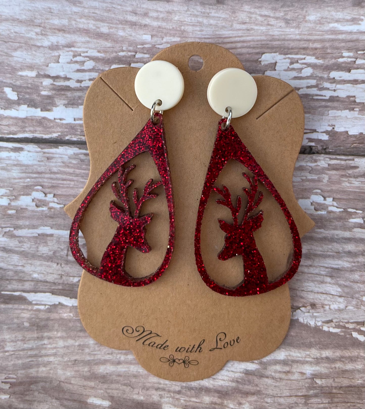 Acrylic Red  Glitter Reindeer Earring