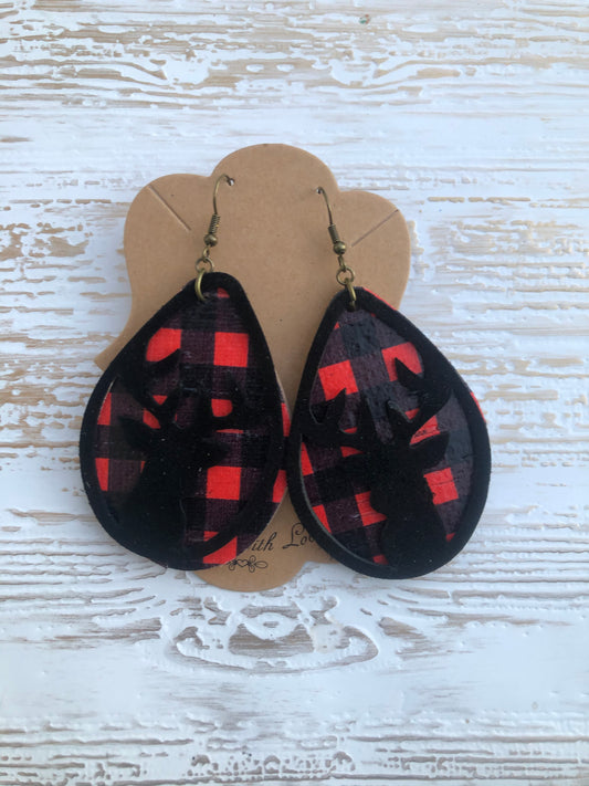 Black Elk over Buffalo Plaid  Cork and Genuine Leather Earring