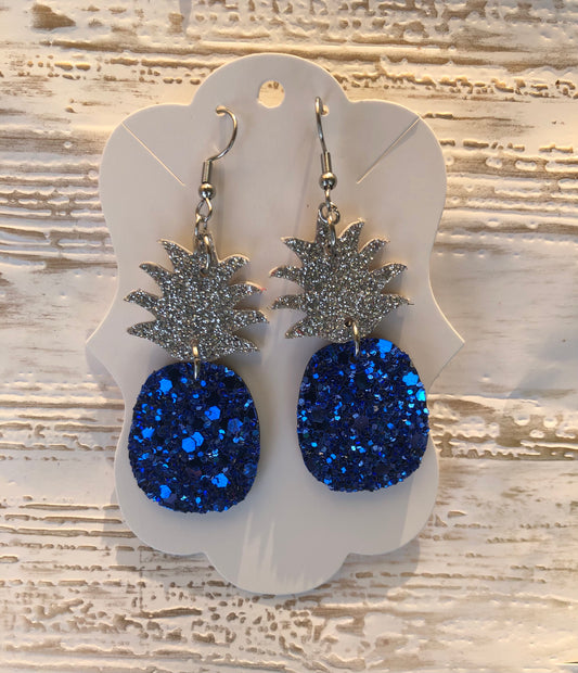 Patriotic Blue Glitter Pineapple Earrings