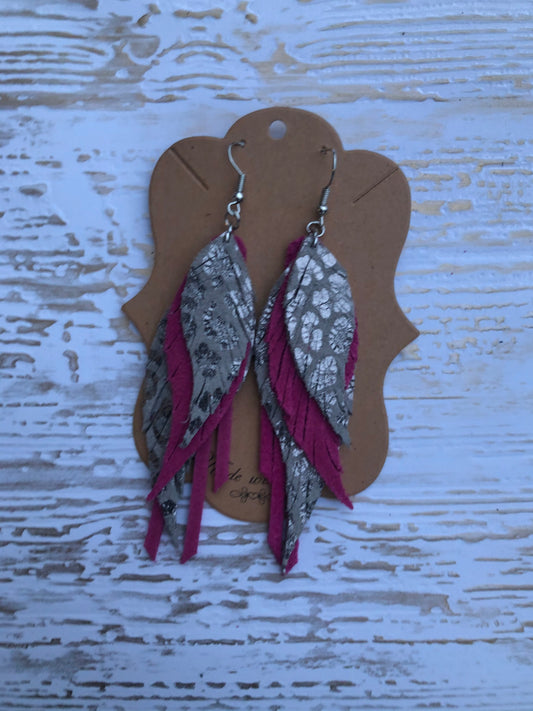 3ish” Four Layer Magenta Love and Gray Genuine Leather Earrings