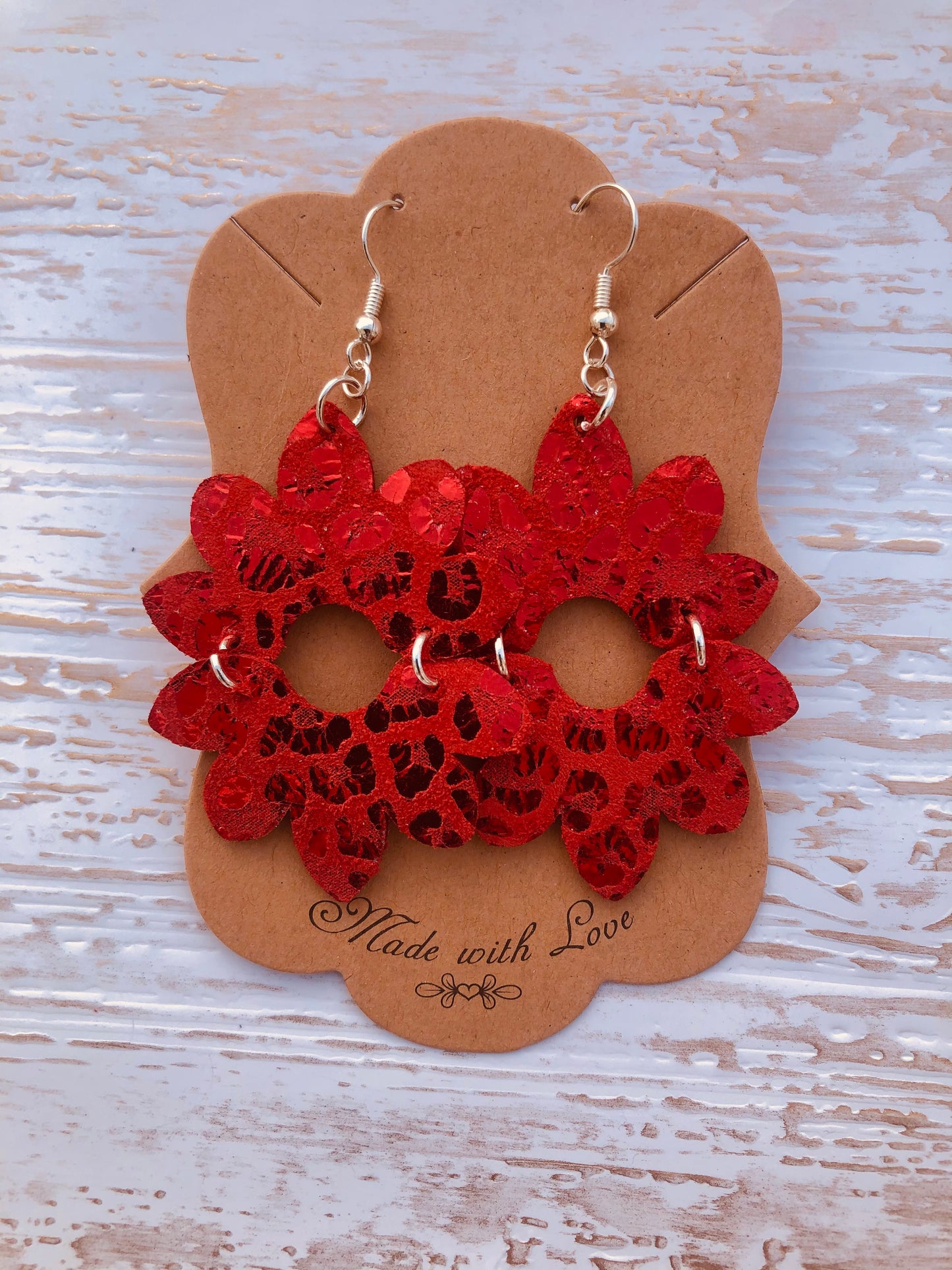 Genuine Leather Metallic Red Leopard Love Flower Earrings