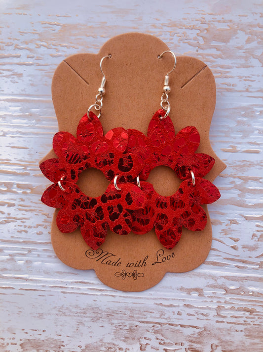 Genuine Leather Metallic Red Leopard Love Flower Earrings