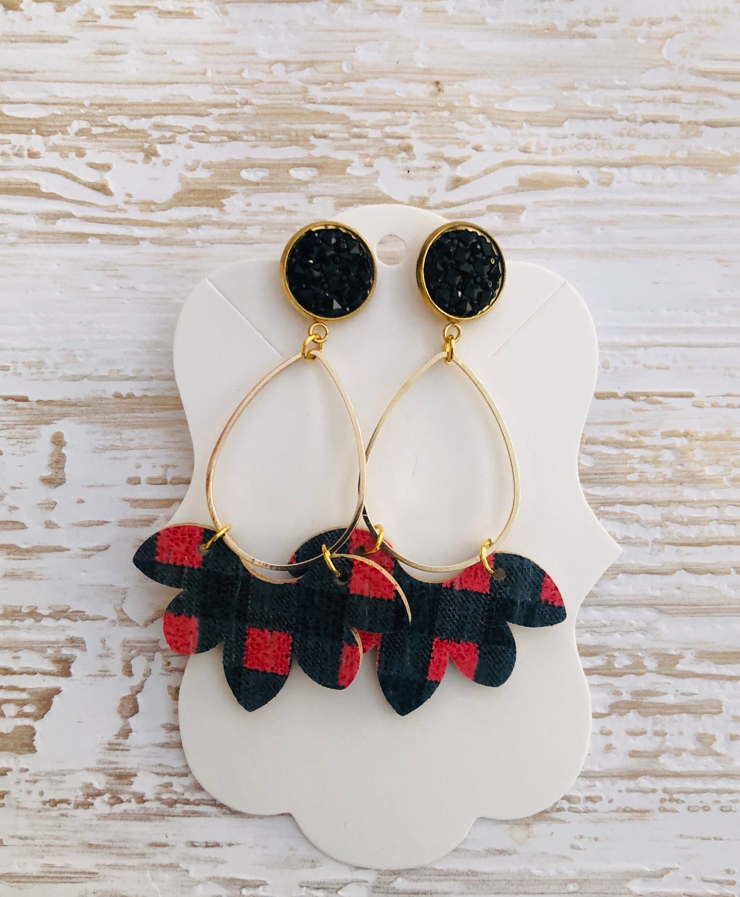 Black Stud and Buffalo Plaid Chandelier Earrings