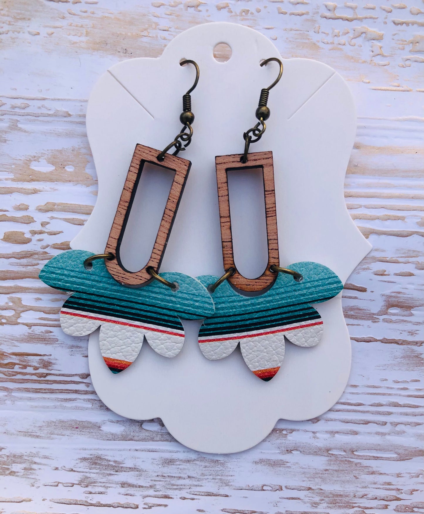 Teal Serape Stella Wood and Leather Earrings