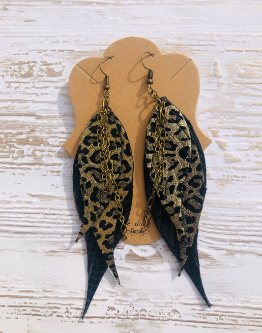 Triple Feather Genuine Luxe Gold Leopard and  Black Patent Earrings