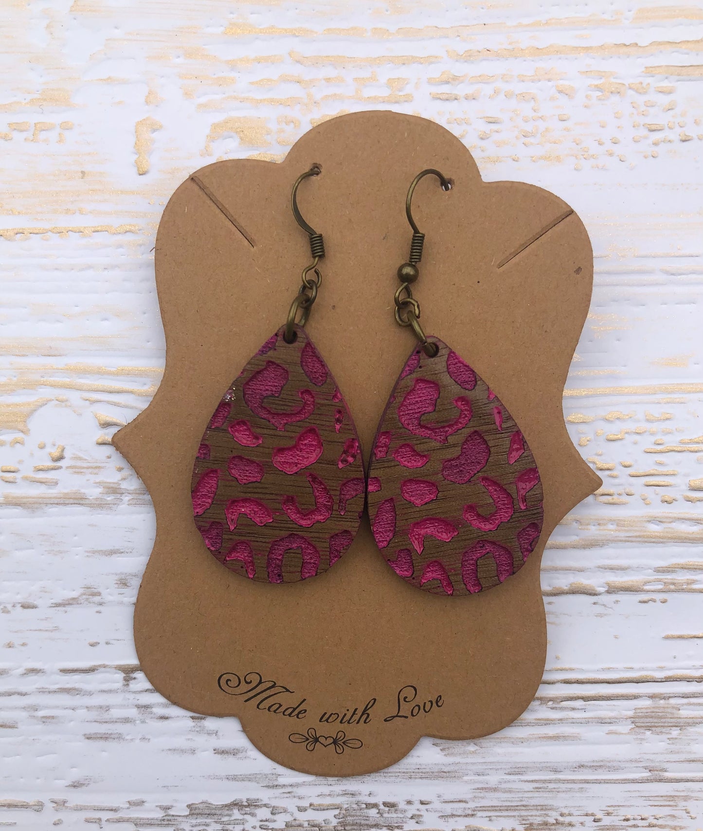 Pink Engraved Wooden Teardrop Earrings