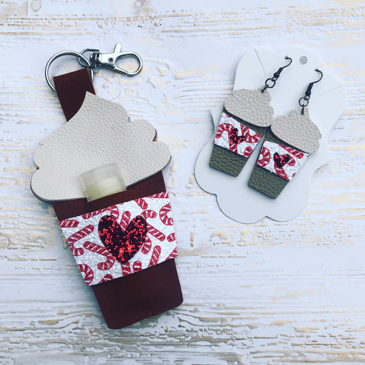 Peppermint Hot Chocolate Lip Balm and Keychain Holder and Matching Earrings