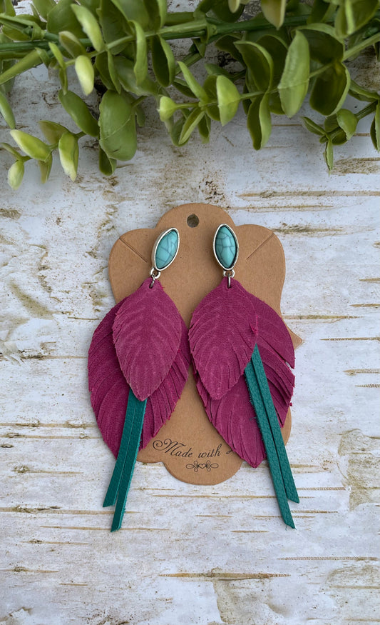 Pink Boho Feather Earrings