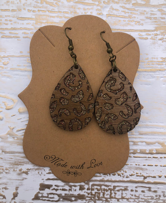 Gold Glitter Wooden Teardrop Earrings