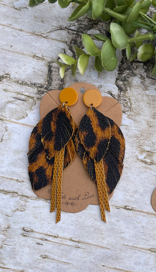 Golden Cheetah Feather Boho Earrings