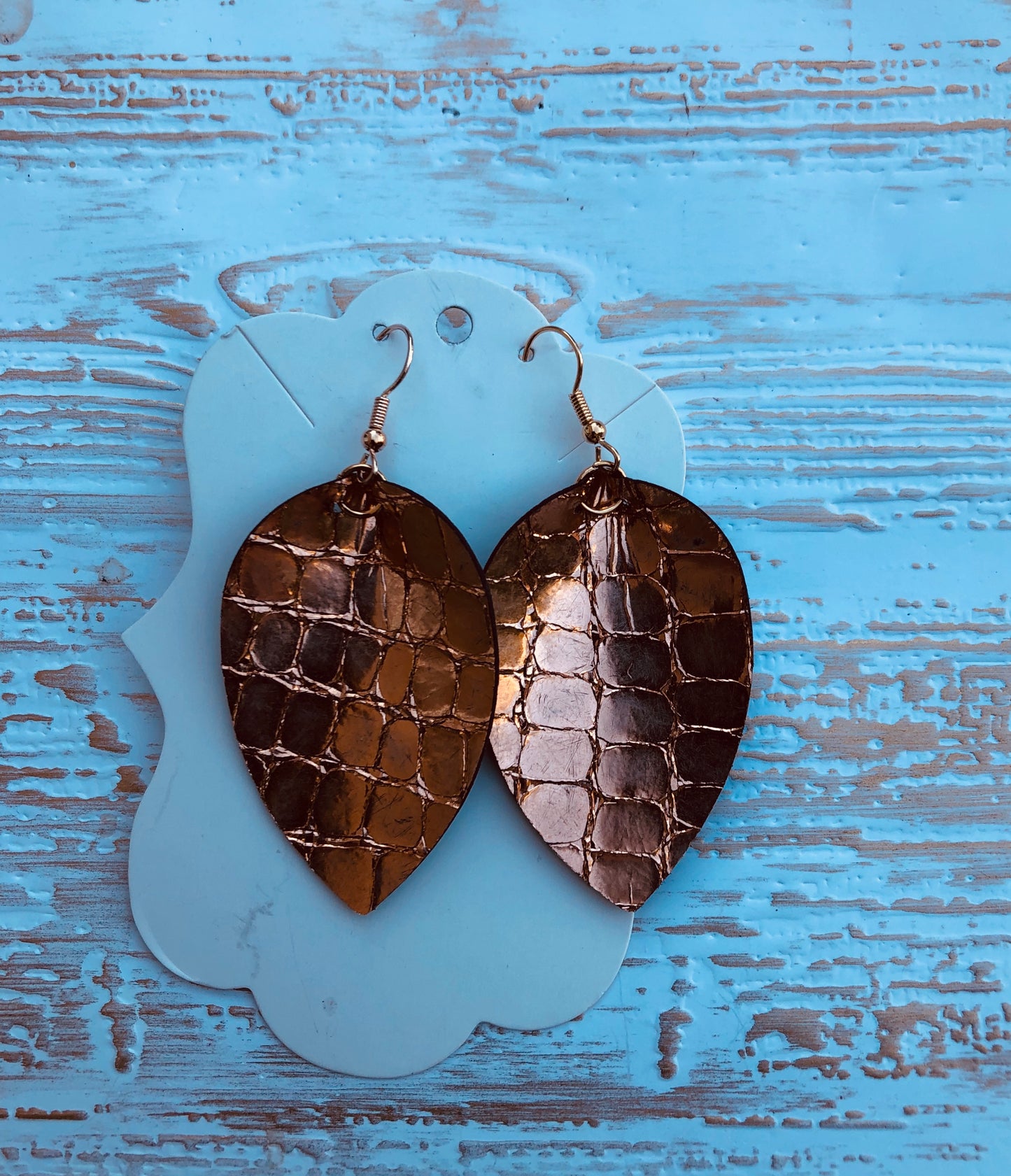 Rose Gold Metallic Snakeskin Print Leaf Earrings