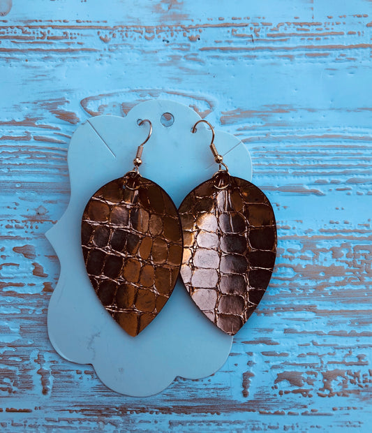 Rose Gold Metallic Snakeskin Print Leaf Earrings