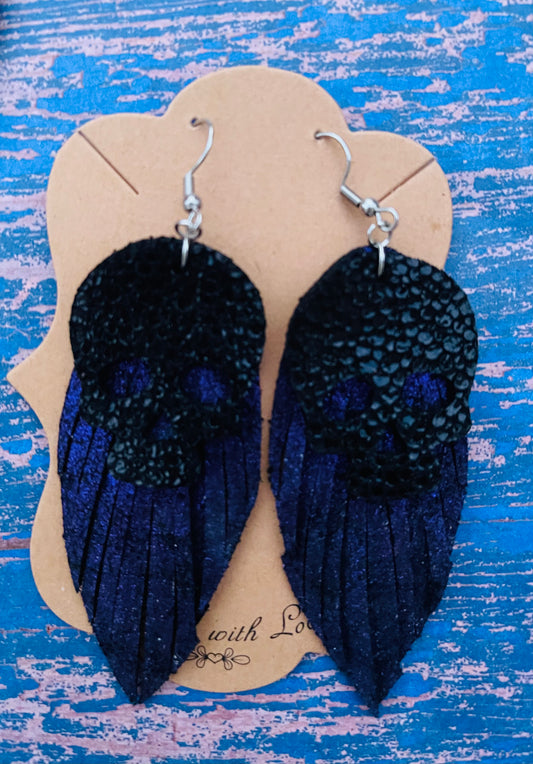 Black And Purple Metallic Skull Fringe Earrings