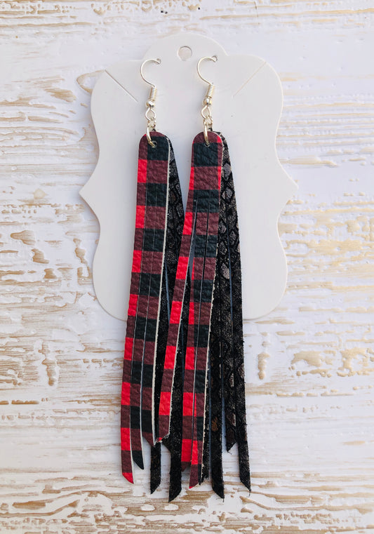 Genuine Leather 4.5” Buffalo Plaid Double Layer Fringe  Earrings