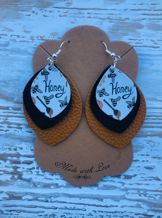 Honey  Bee Three Layer Leaf Shaped Earrings