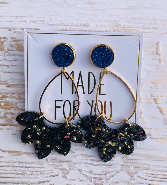 Royal Blue Faux Druzy and Black Glitter Chandelier Earrings