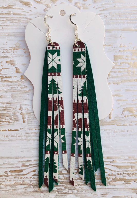 Genuine Leather 4.5” Ugly Christmas Sweater Double Layer Fringe  Earrings