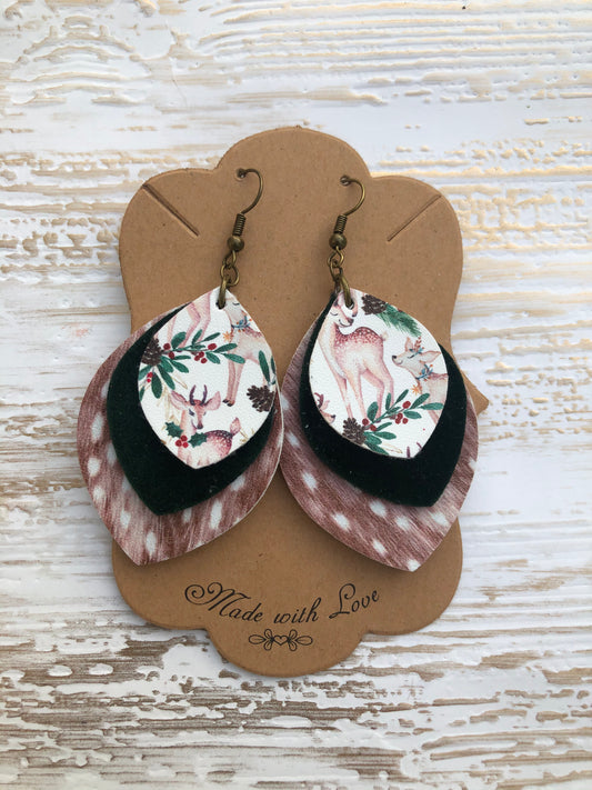 Three Layer Leaf Shape Earrings in a Deer Print