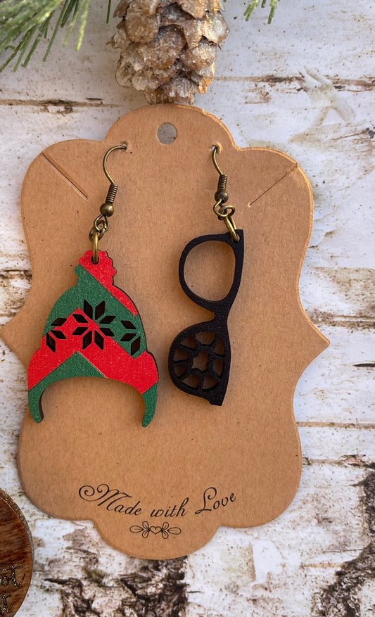 Wooden Christmas Story Green and Red Mixed Earrings