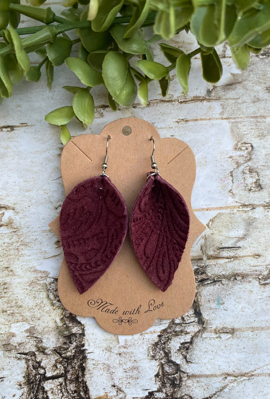 Maroon Embossed Leaf Earrings