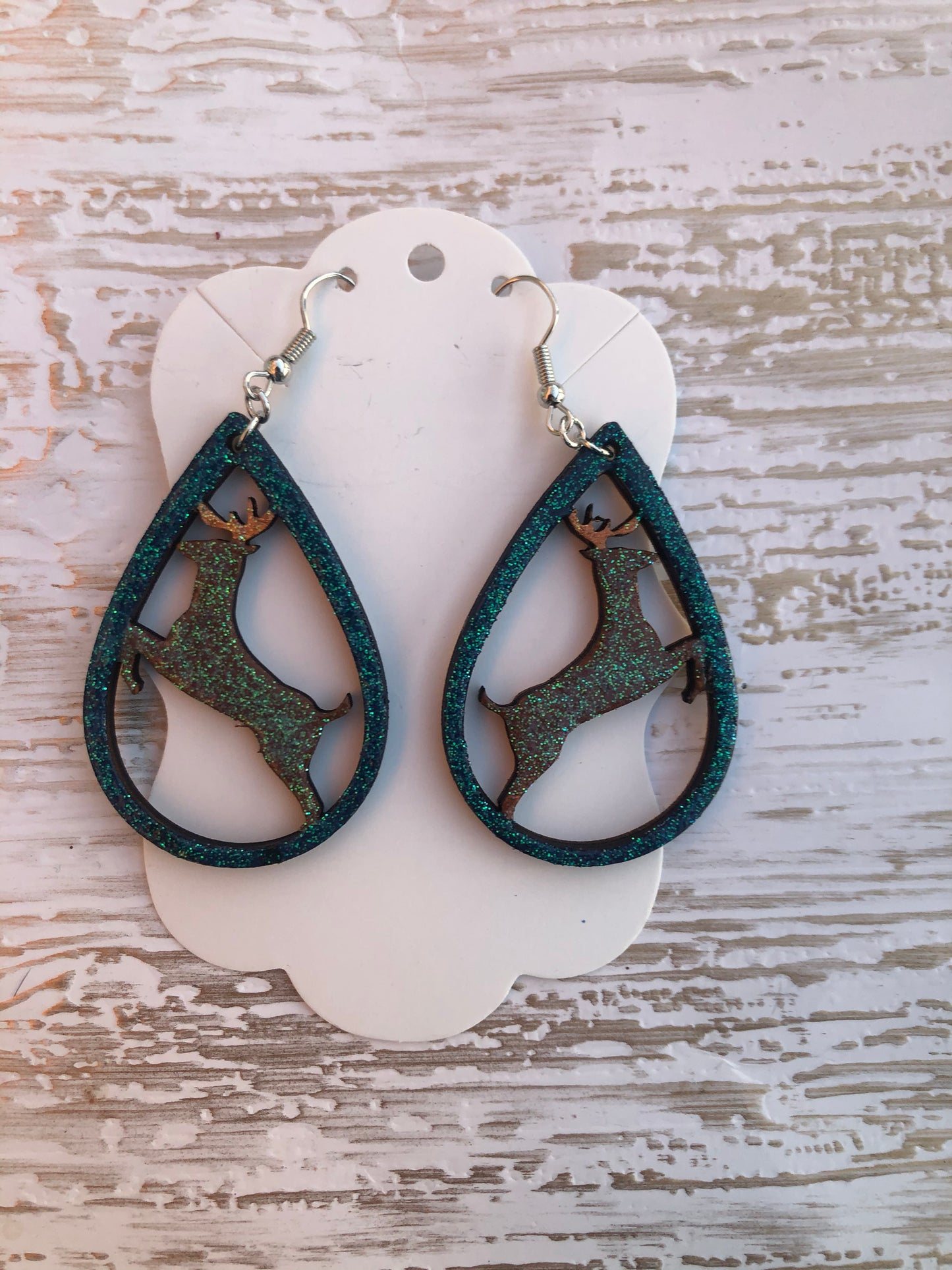 Hand  Painted Wooden Christmas Reindeer Teardrop Earrings