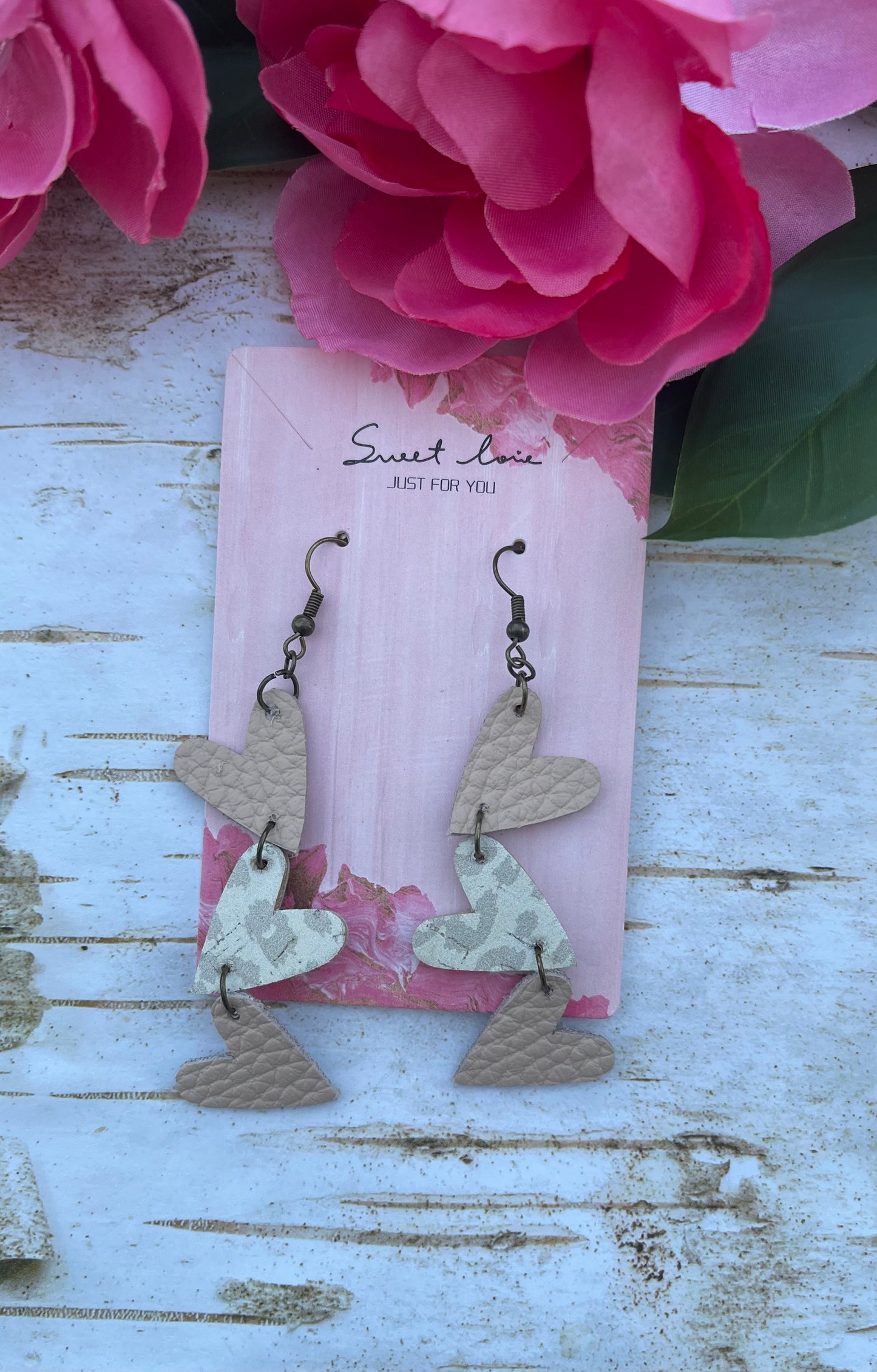 Nude Leopard Whimsical Heart Trio Earrings