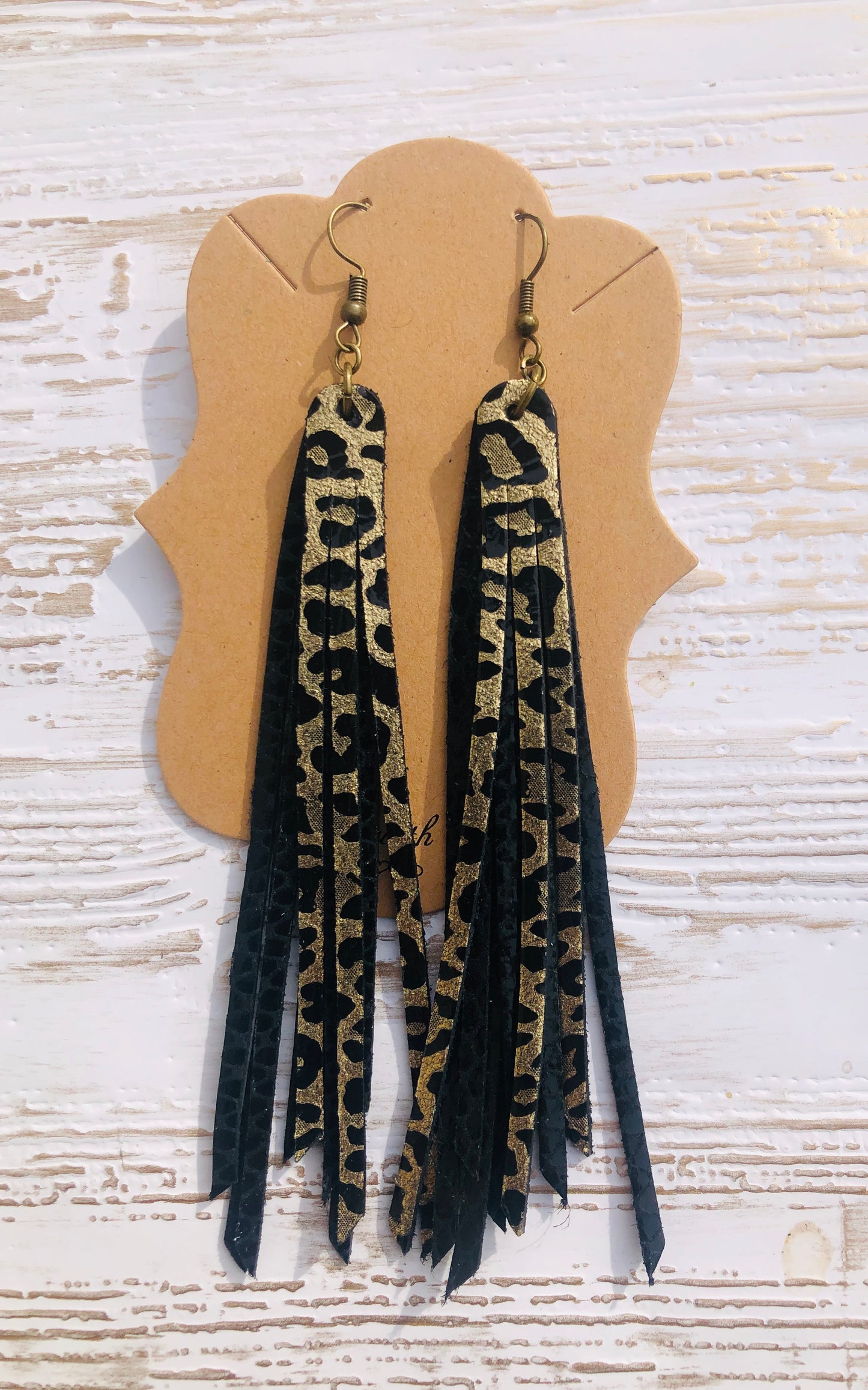 4.75 Genuine Leather Luxe Gold Leopard and Black Patent Printed Fringe Earrings