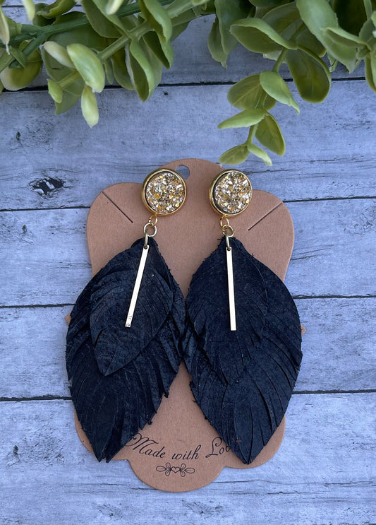 Double Layered Extra Gold Leather Feather Earrings
