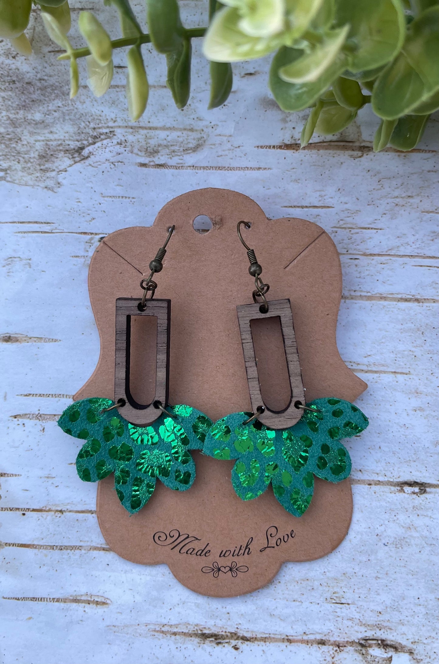 Green Leopard Lucky Stella Leather Earrings