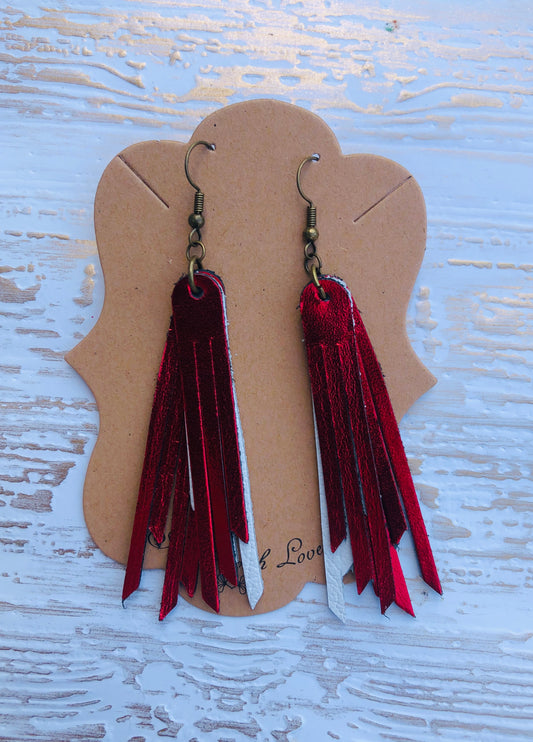 2.75” White and Red Metallic Triple Layer Fringe Leather Earrings