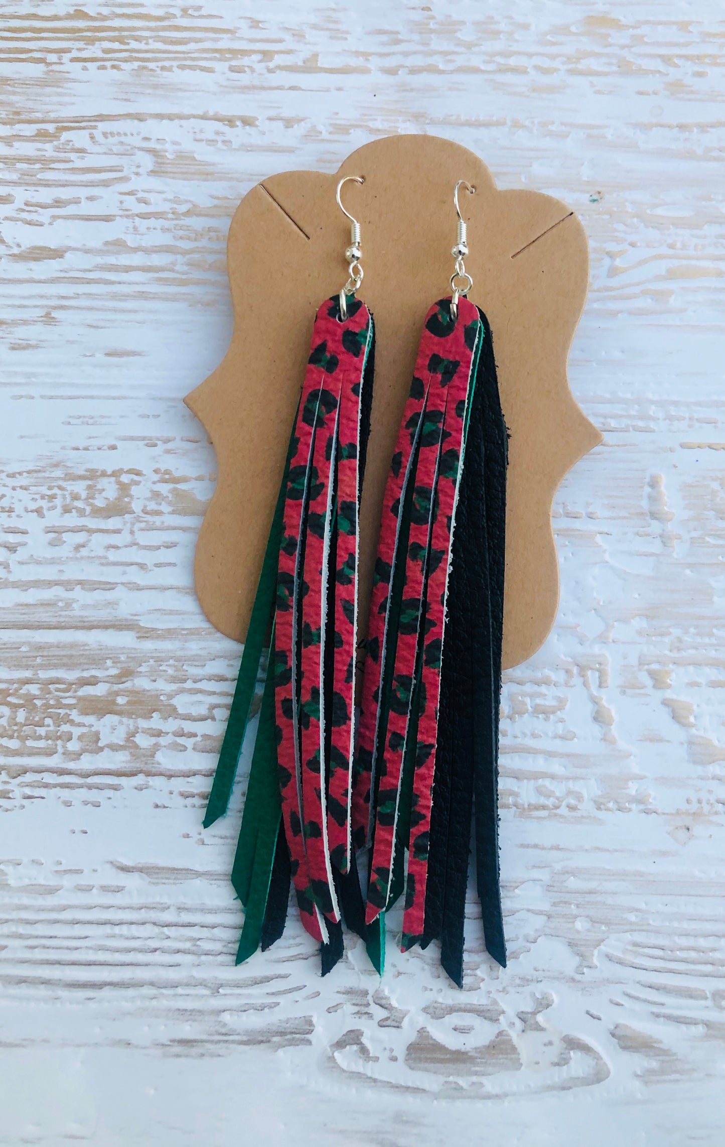 Genuine Leather Triple Layered Christmas Leopard Fringe Earrings