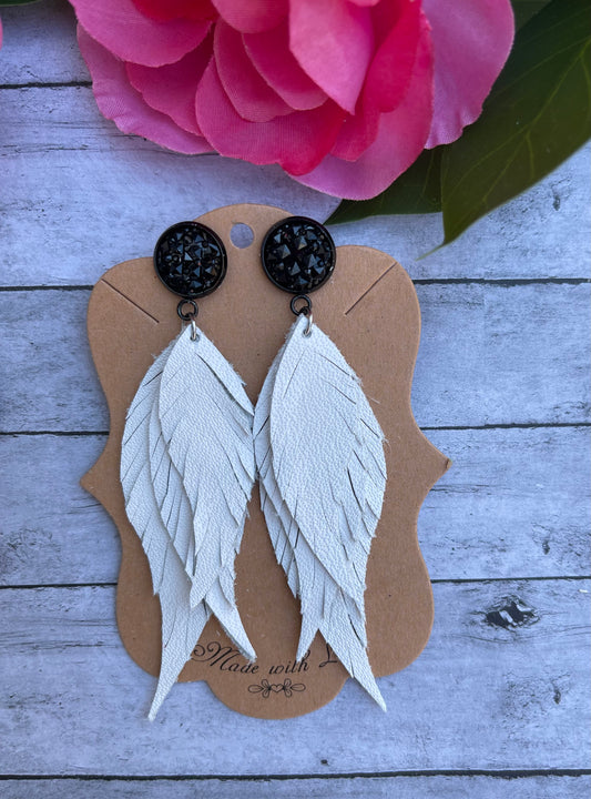 Genuine Leather  White Triple Feather Fringe Earrings