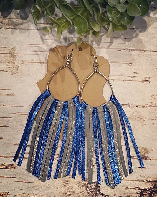 Blue and Silver Hand Tied Fringe Earrings