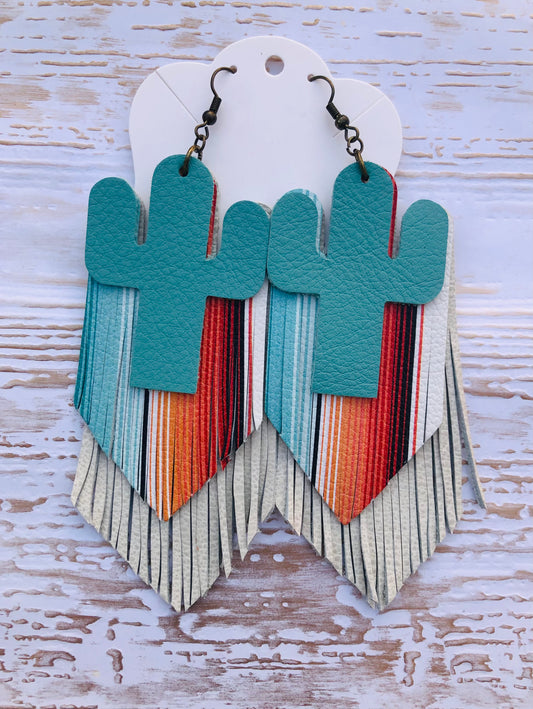 Cactus over Teal Serape Layered Fringe Earrings