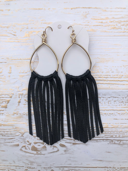 Black Hand Tied Fringe Earrings