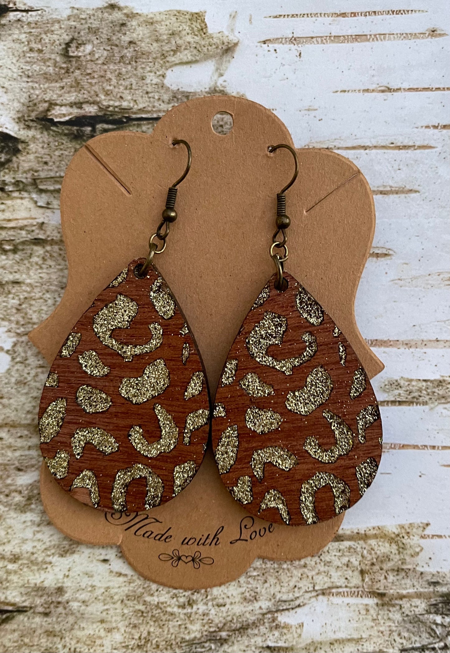 Cheetah Engraved Gold Wooden Love Teardrop Earrings