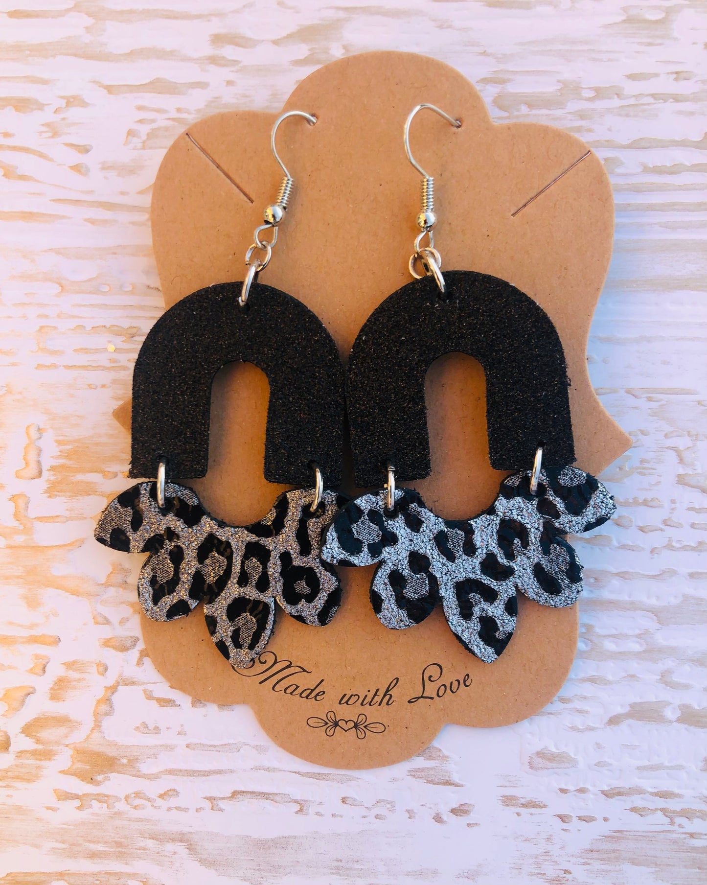 Silver Cheetah and Black Cork Stella Love Genuine Leather and Cork Earrings